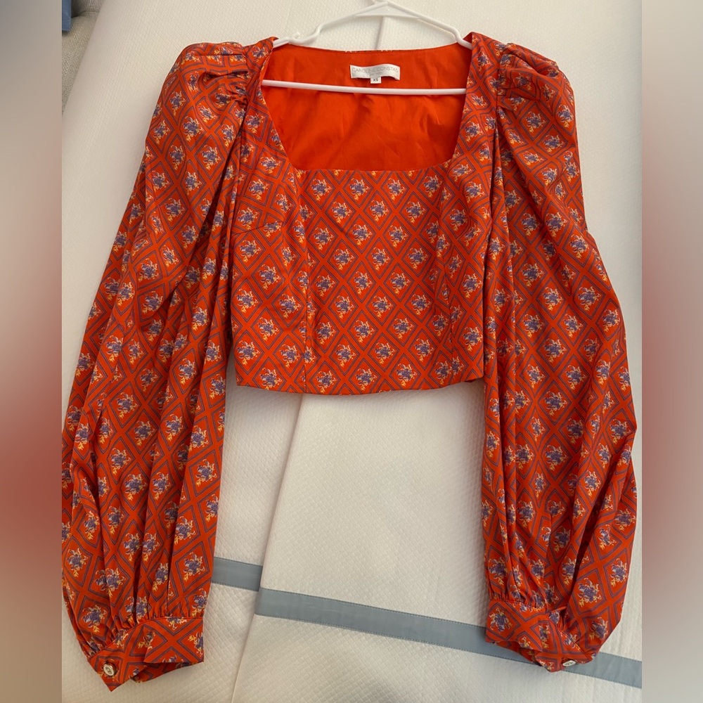 Caroline Constas Elliot Balloon Sleeve Crop Top in Red Diamond Toile